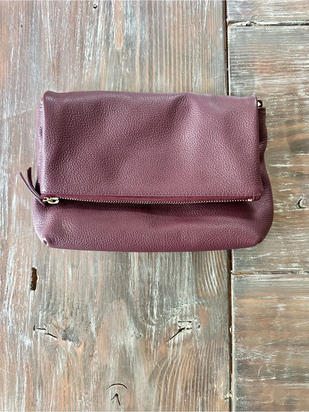 NWT Nordstrom Plum Leather Fold-Over Clutch, No Strap